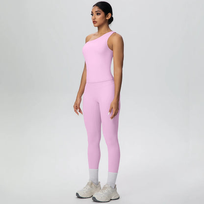 Rosa Yoga-Sportset mit ärmellosem Crop-Top und Leggings, Seitenansicht mit Beinabschlüssen