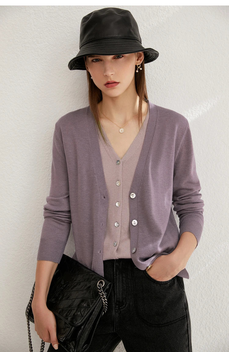 Damen-Wollstrickjacke, lila, V-Ausschnitt mit Knöpfen und langen Ärmeln