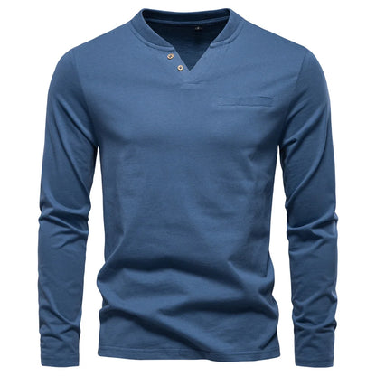 Herren-Langarmshirt mit V-Ausschnitt, blau, Knopfleiste und Brusttasche