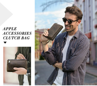 Braune Herren-Clutch aus Leder mit Reißverschluss, an der Hand getragen