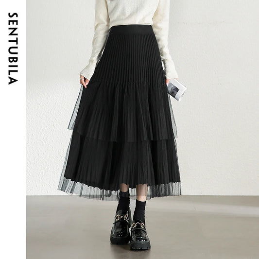 Damen A-Linien-Rock mit Plissee-Details im eleganten Patchwork-Mesh-Design