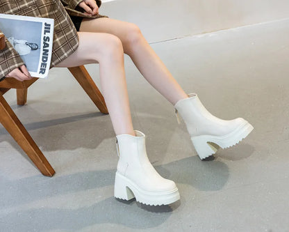 Damen-Stiefeletten aus Leder, weiße High-Heel-Boots mit Plattformsohle und kurzem Schaft