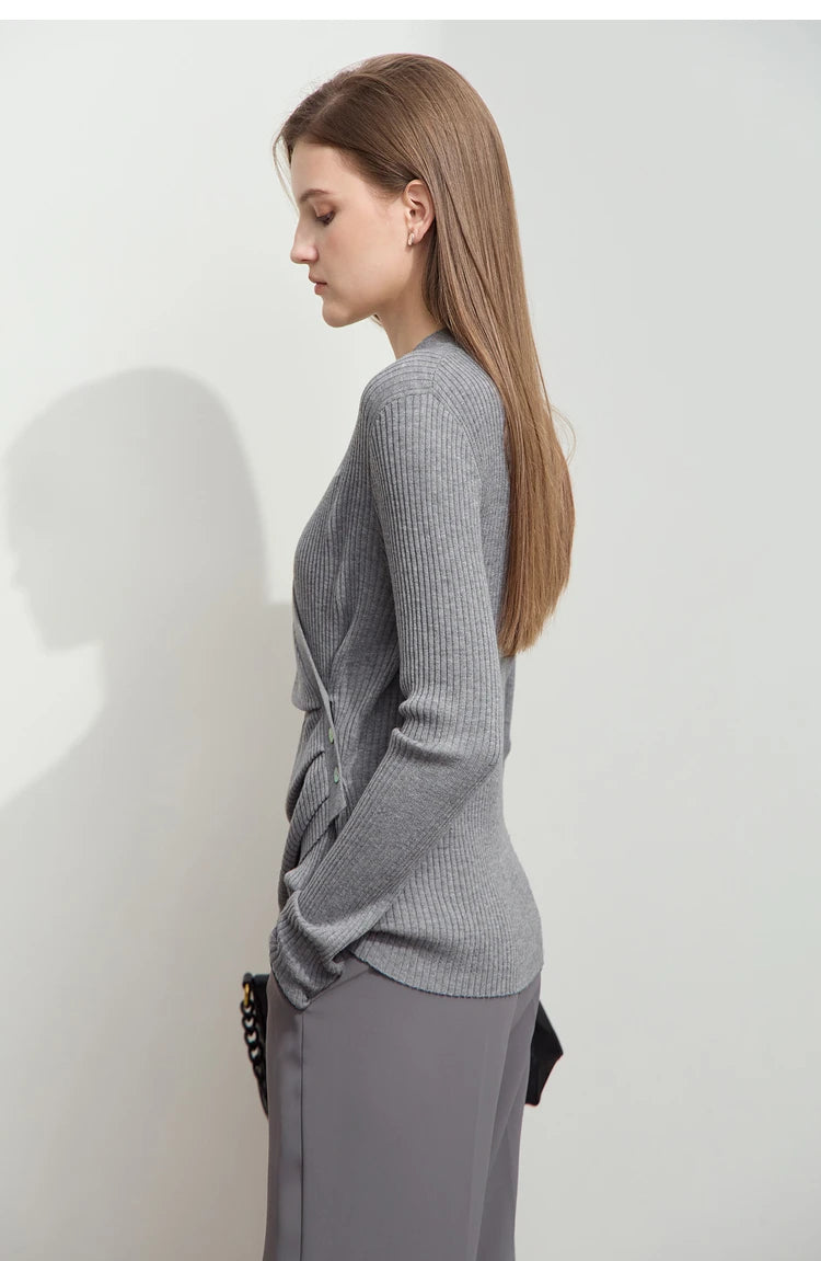Damen V-Ausschnitt Pullover plissiert Muschelschnalle Wolle Herbst