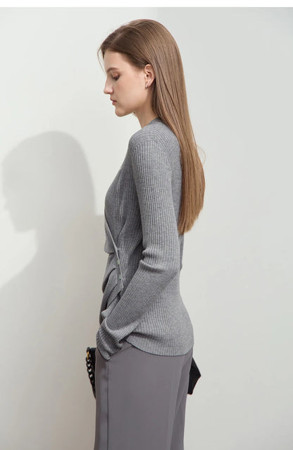 Damen V-Ausschnitt Pullover plissiert Muschelschnalle Wolle Herbst