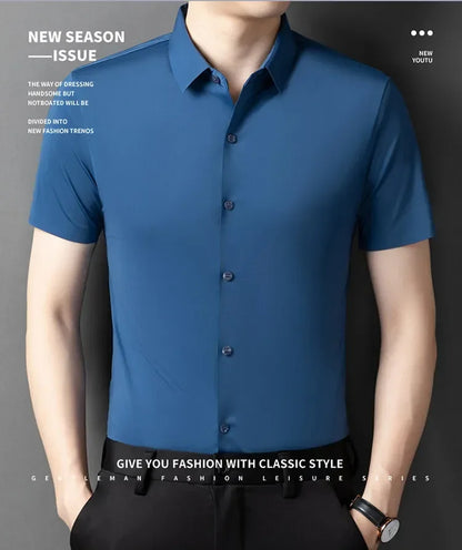 Herren-Hemd mit Vier-Wege-Stretch, Farbblock-Diamantmuster und Knopfleiste – ideal für Business-Casual und formelle Anlässe.