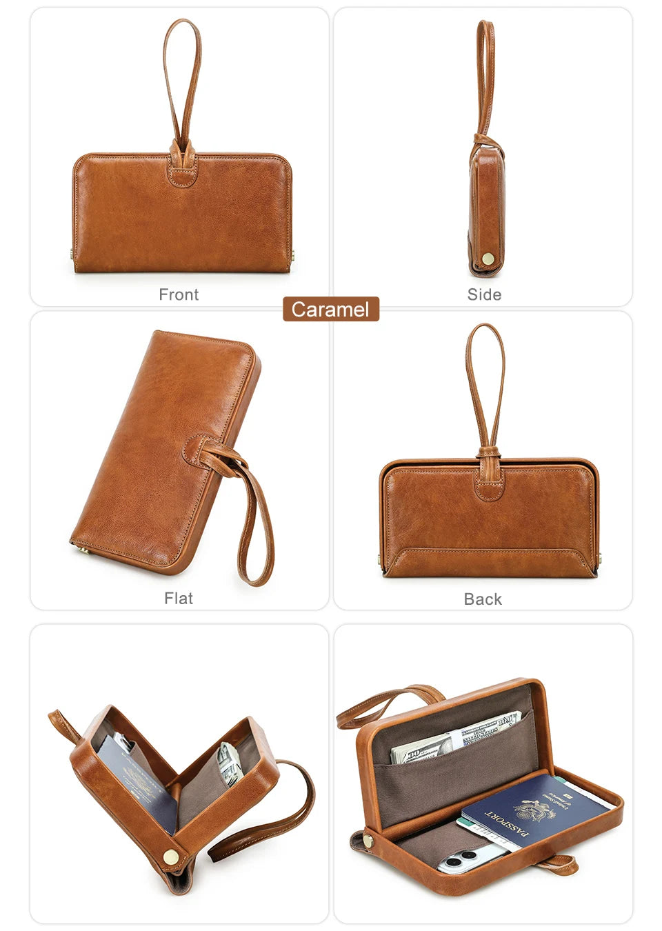 Damen-Lederhandgelenktasche in Karamellbraun als Front-, Seiten- und Rückansicht-Set.
