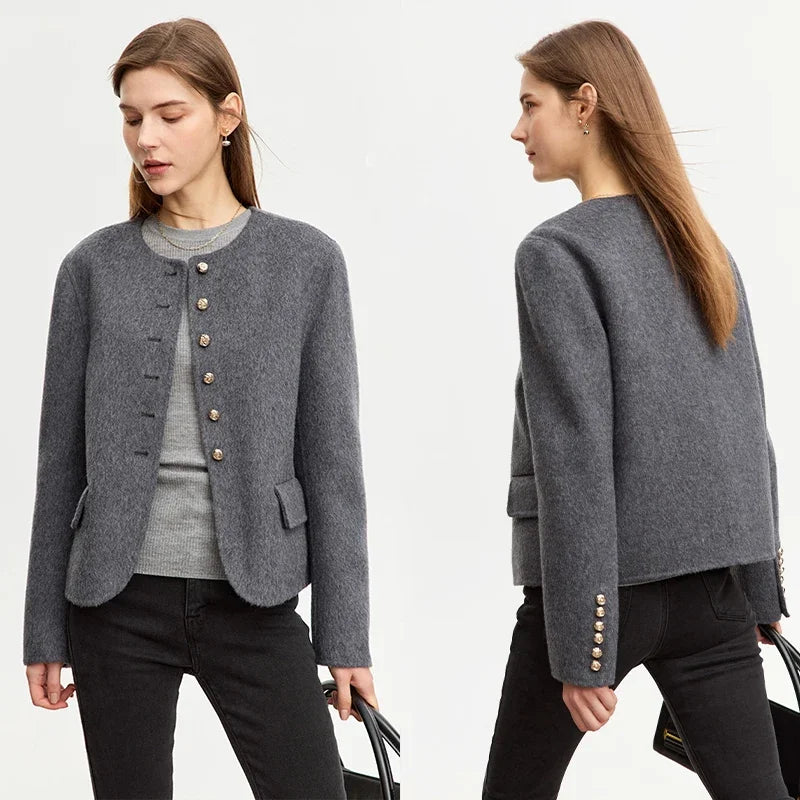 Damen Wolljacke aus Luxus-Tweed im Vintage-Stil mit Knopf und Taschen