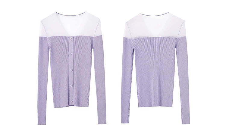 Damen V-Ausschnitt Pullover Viskose Mesh Organza Slim Frühling