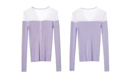 Damen V-Ausschnitt Pullover Viskose Mesh Organza Slim Frühling