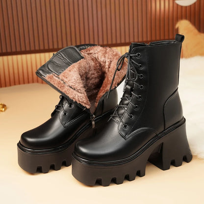 Ankle-Boots schwarz mit Schnürung, Plattformsohle und braunem Woll-Innenfutter