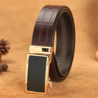 Herren Echtleder-Gürtel Krokodilmuster 3,5 cm Gold Automatik-Schnalle Rindsleder