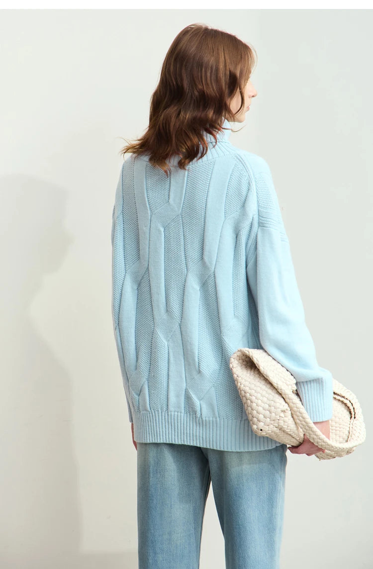 Damen-Rollkragenpullover locker Wolle-Mix lang Winter
