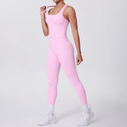 Damen-Yoga-Set: rosafarbenes Tanktop und Leggings, körperbetont, knapp über dem Knöchel