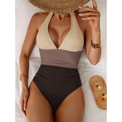 Damen Badeanzug Spleiß V-Ausschnitt rückenfrei Neckholder Monokini gepolstert