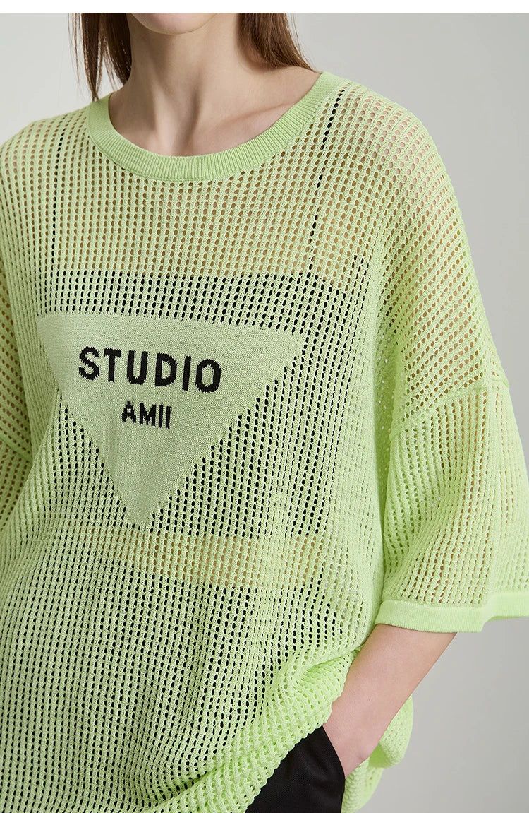 Damen-Rundhalspullover Buchstaben-Jacquard Halbarm locker Sommer