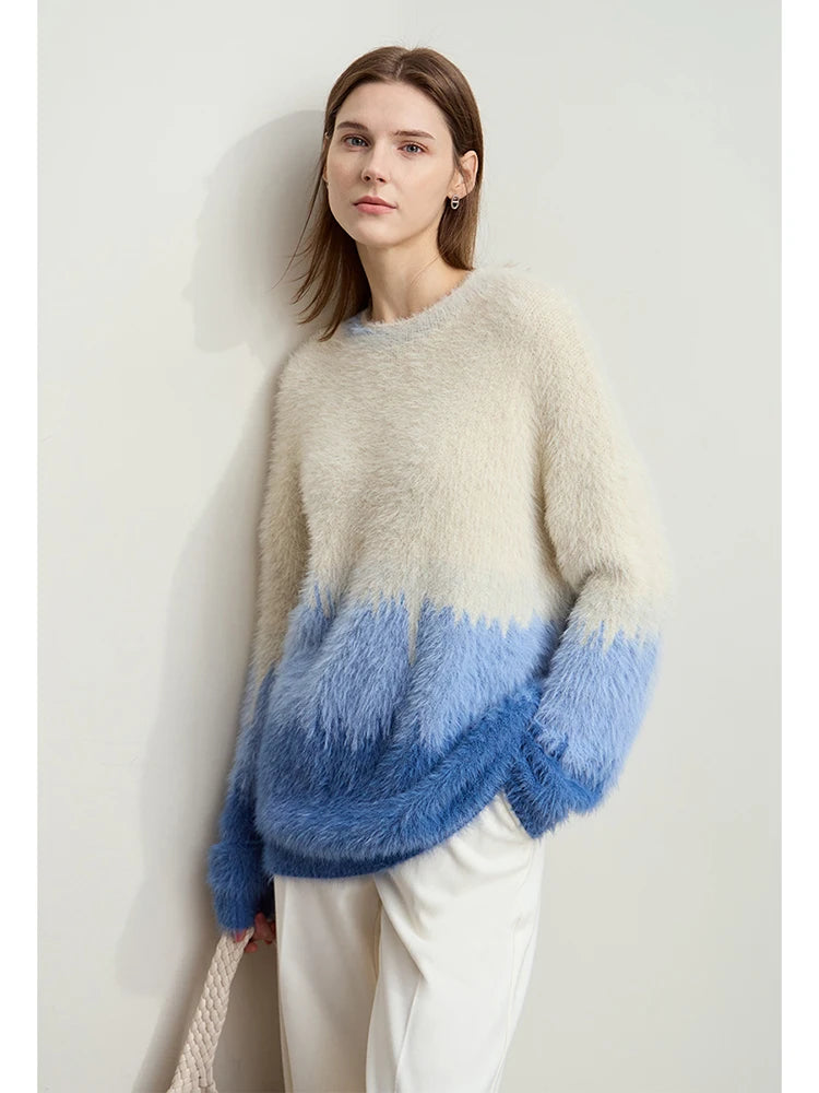 AMII Damenpullover, O-Ausschnitt, Farbverlauf mit blauem Saum und langen Ärmeln