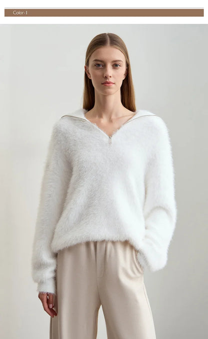 Damen-Rollkragenpullover Nerz-Imitat Reißverschluss locker dick Winter