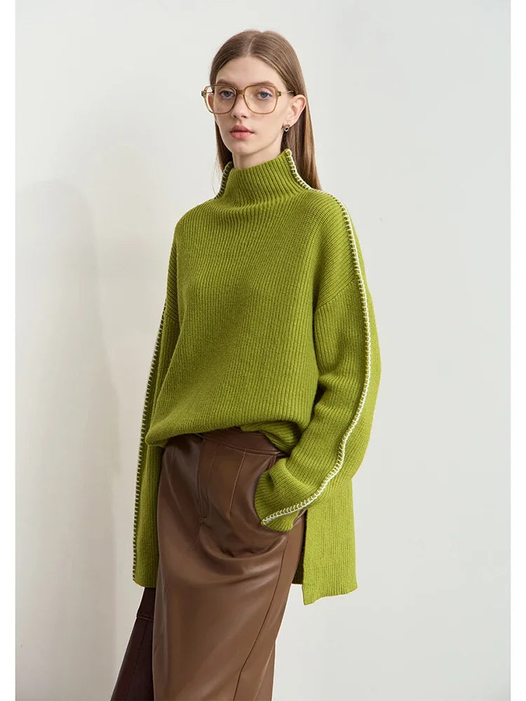 Damen-Rollkragenpullover Wolle Stickerei locker Weihnachten Winter