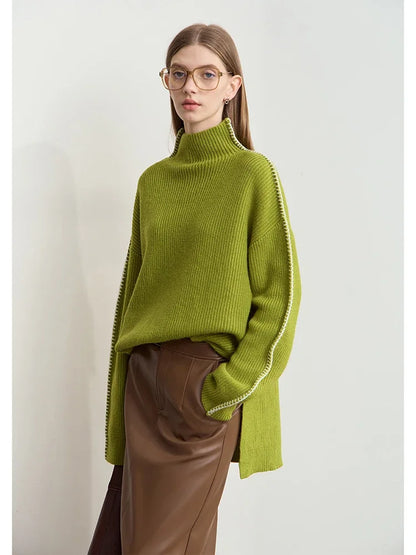 Damen-Rollkragenpullover Wolle Stickerei locker Weihnachten Winter
