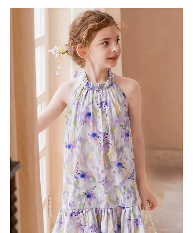 Sommerliches Mädchenkleid aus 100% Baumwolle mit kurzen Ärmeln und Tulpenblumenmuster – niedliche Freizeitkleidung für Kinder von 3 bis 14 Jahren
