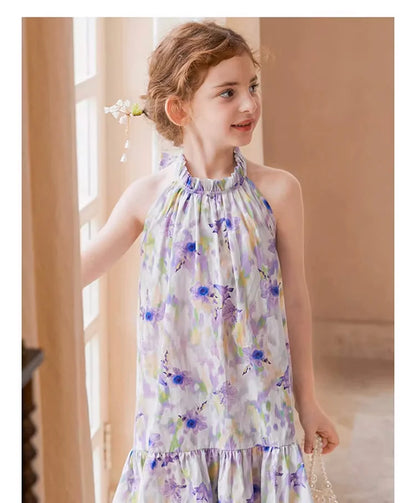Sommerliches Mädchenkleid aus 100% Baumwolle mit kurzen Ärmeln und Tulpenblumenmuster – niedliche Freizeitkleidung für Kinder von 3 bis 14 Jahren