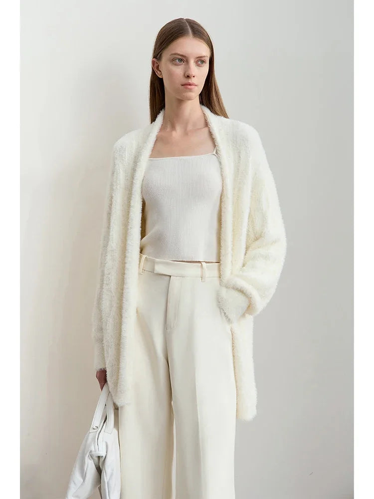 Damen-Strickjacke lang Nerz-Imitat Pile-Kragen locker warm Winter