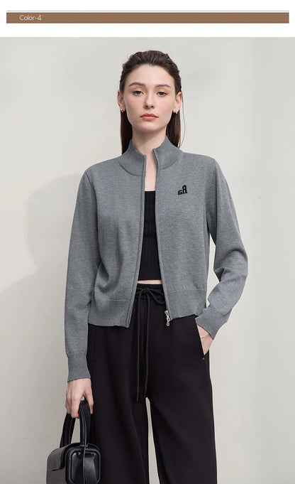 Damen-Rollkragen-Strickjacke kurz Reißverschluss Wolle Herbst-Winter
