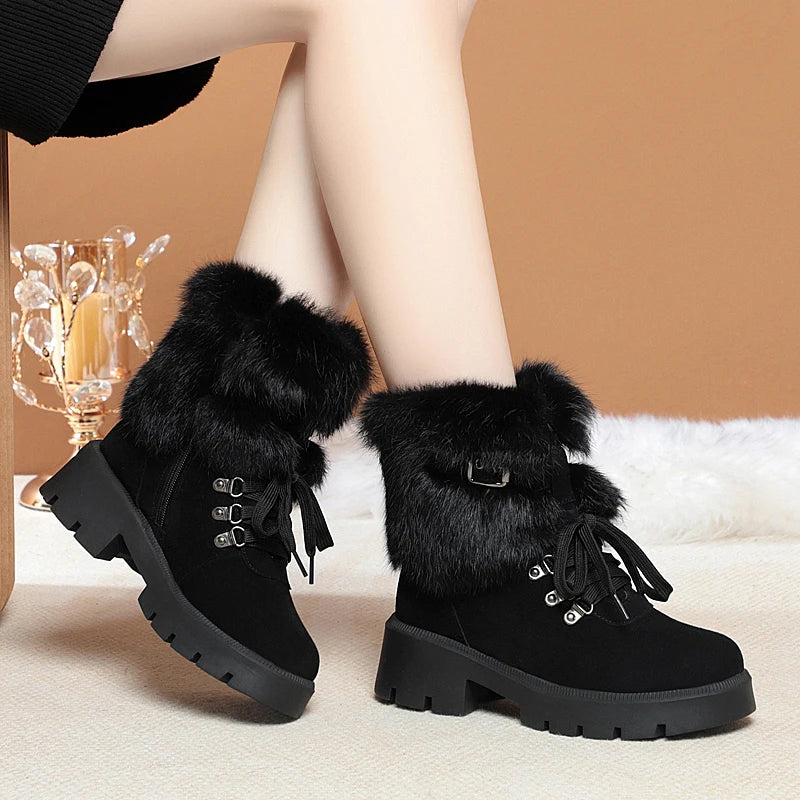 AIYUQI Women Snow Boots Platform New Rabbit Female Winter Boots Fashion Large Size Non-slip Genuine Leather Women Ankle Boots