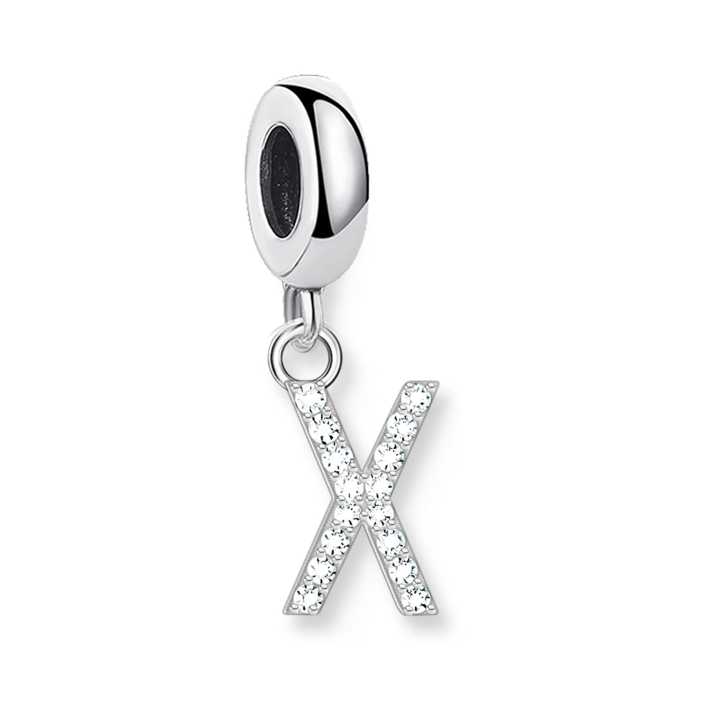 Buchstaben-Charm-Anhänger aus 925er Sterlingsilber mit Strassbuchstabe X und dunklem Stein oben.