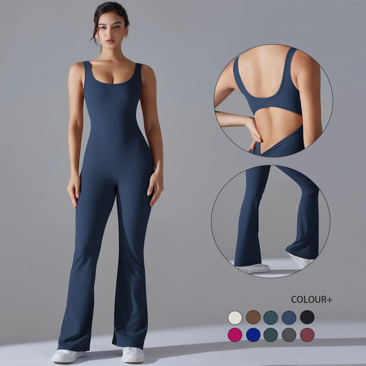 Damen-Fitnessbody mit weiter Yoga-Hose, dunkelblau, ärmellos, U-Ausschnitt