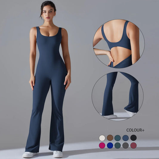 Damen-Fitnessbody mit weiter Yoga-Hose, dunkelblau, ärmellos, U-Ausschnitt