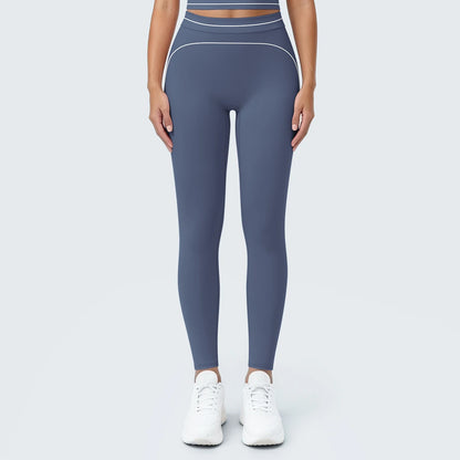 Nahtlose Yoga-Leggings mit hoher Taille, blau-grau, glatte Passform mit Kontrastlinie.