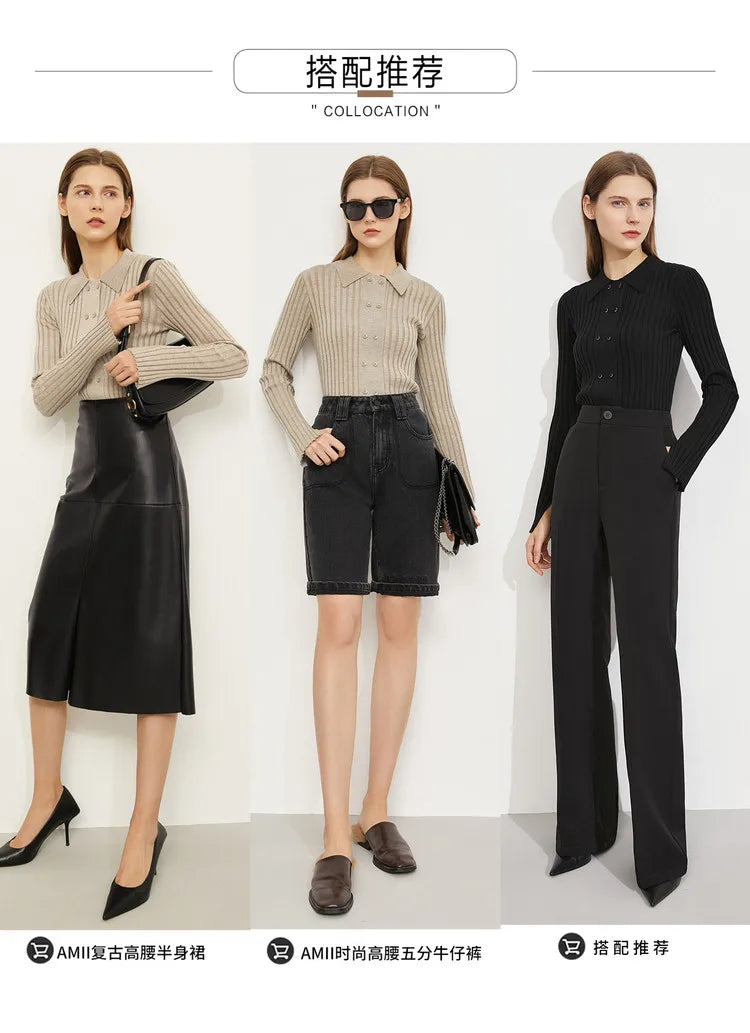Damen-Strickjacke Polokragen Slim doppelreihig Wolle-Mix Frühling-Herbst