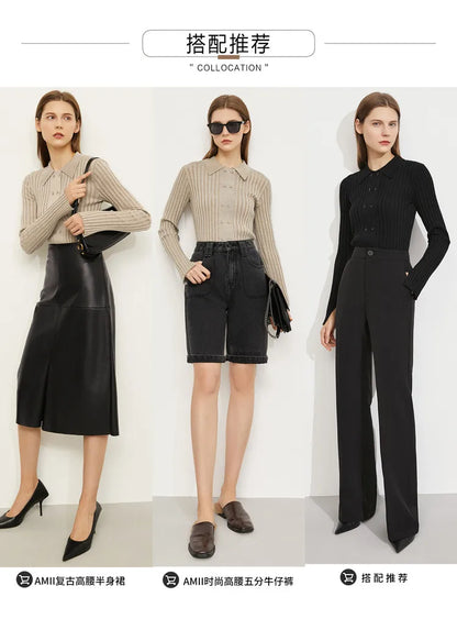 Damen-Strickjacke Polokragen Slim doppelreihig Wolle-Mix Frühling-Herbst
