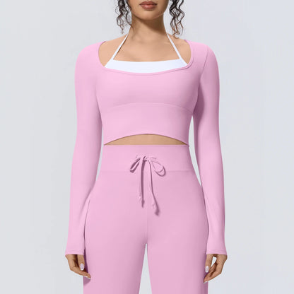 Damen-Langarmshirt, feuchtigkeitsableitend, hellrosa mit weißem Rundhalsausschnitt, körpernah