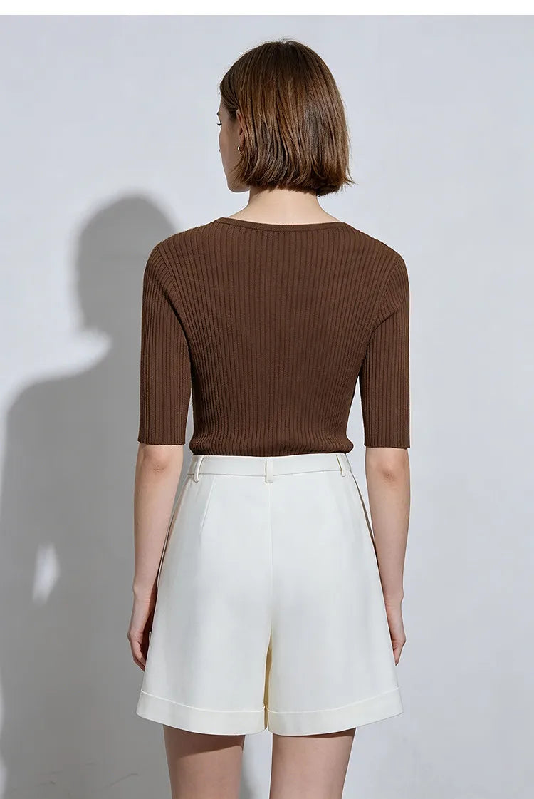 Damen-Rundhalspullover Mesh-Panel Slim Kurzarm Viskose Sommer
