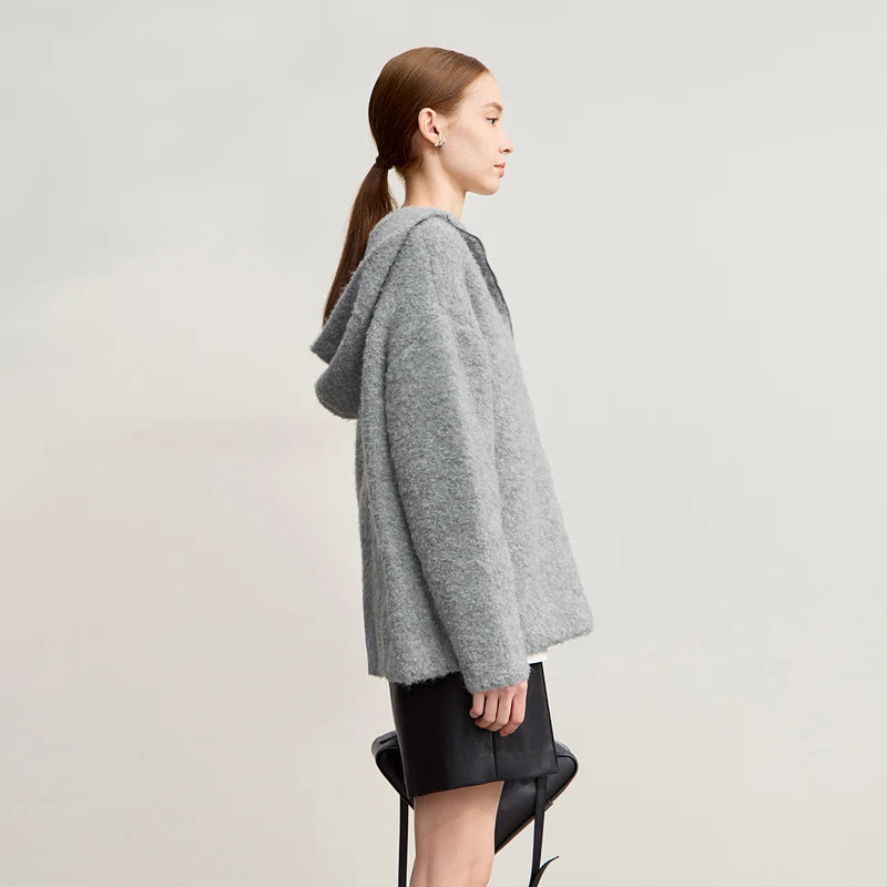 Damen-Kapuzenpullover Wolle Reißverschluss locker dick warm Winter
