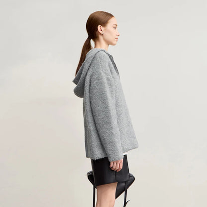 Damen-Kapuzenpullover Wolle Reißverschluss locker dick warm Winter