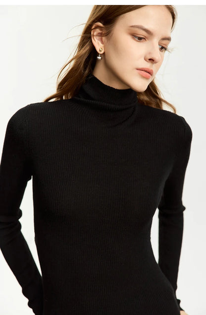 Damen-Rollkragenpullover 100 % Wolle Slim Fit elastisch Winter