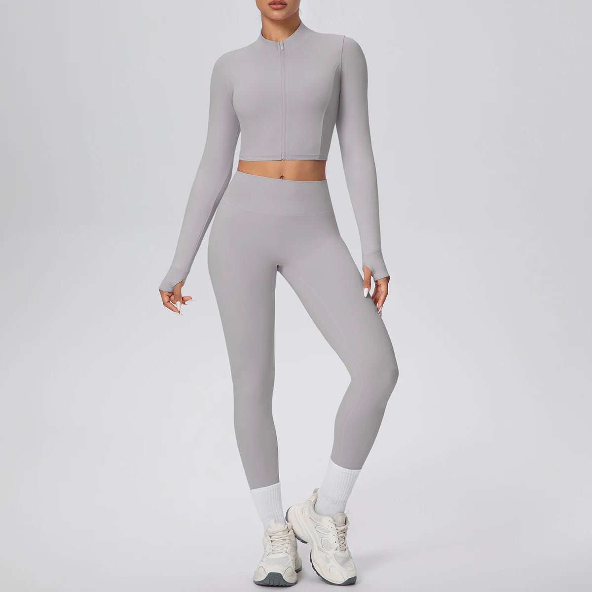 Graues Damen-Yogaset: Sportshirt mit Reißverschluss und Leggings