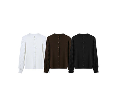 Damen-Strickjacke Slim halbhoher Kragen Laternenärmel Wolle-Mix Herbst
