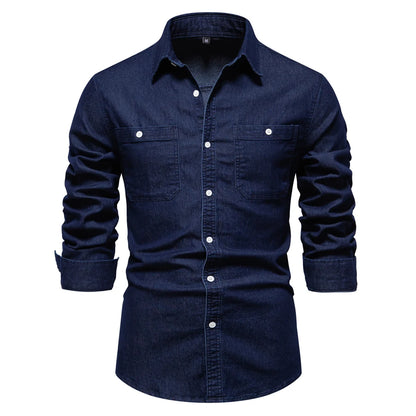 Herren Hemd aus Baumwolle im einfarbigen Denim-Look mit Tasche