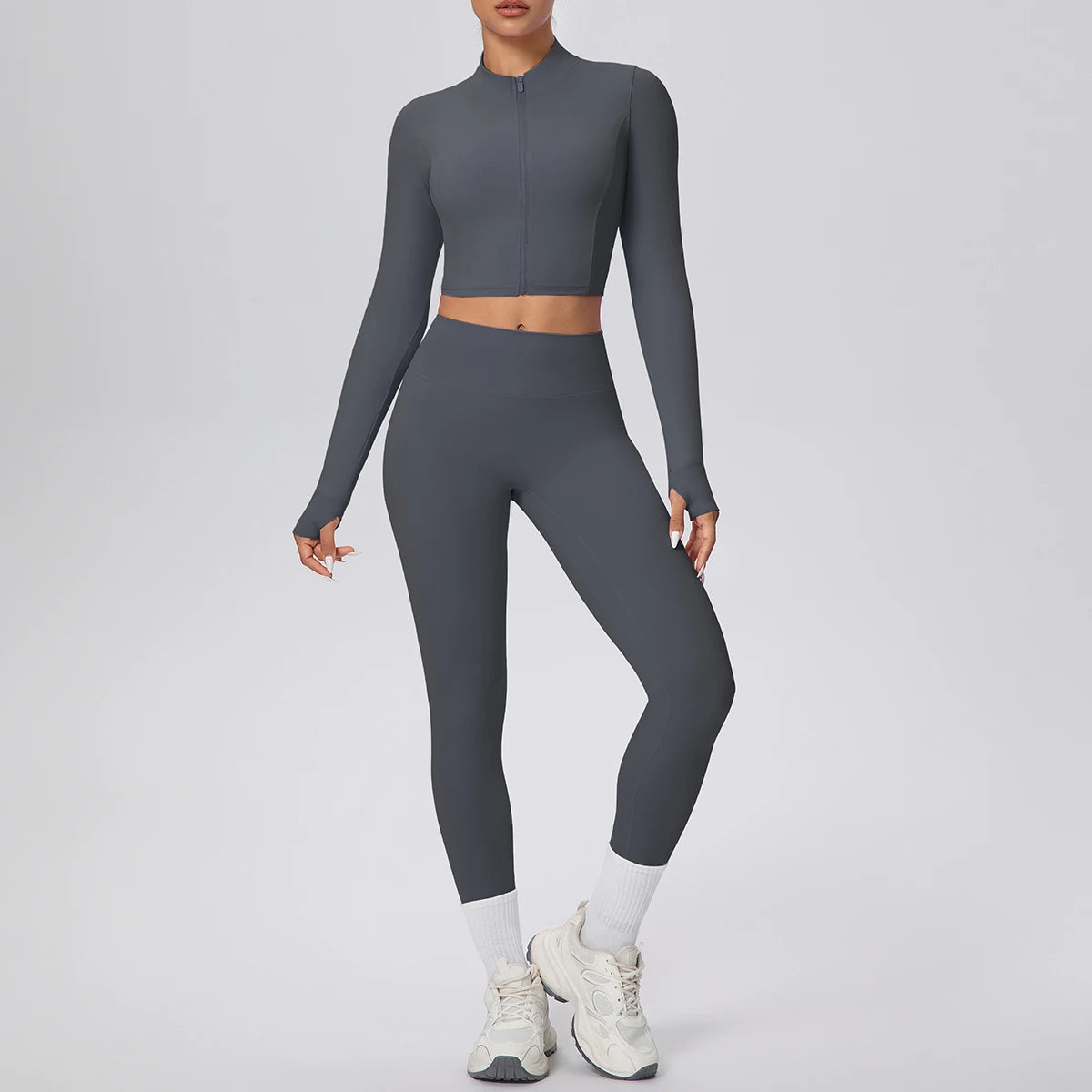 Graphitgraues Damen-Yogaset: Sportshirt mit Reißverschluss und Leggings