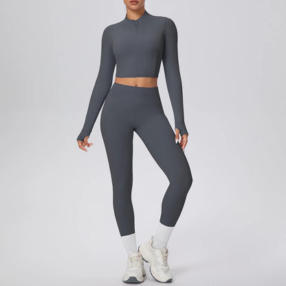 Graphitgraues Damen-Yogaset: Sportshirt mit Reißverschluss und Leggings