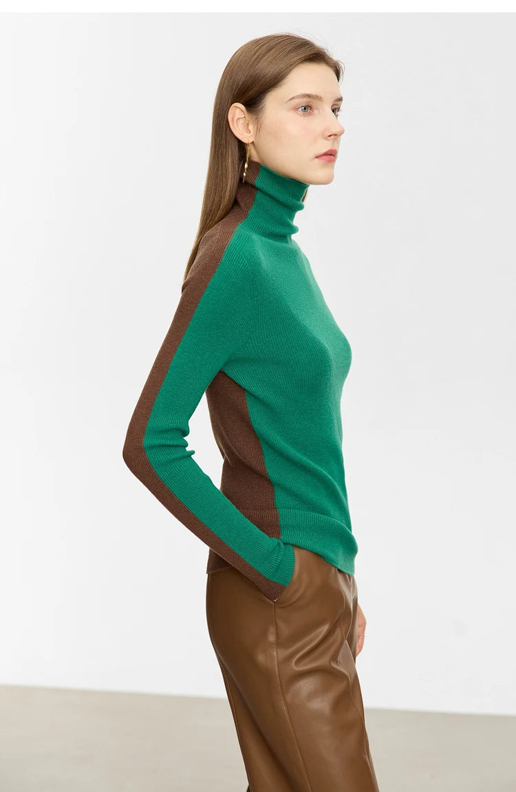 Damen-Rollkragenpullover 100 % Wolle Farbkontrast Slim Fit Frühling