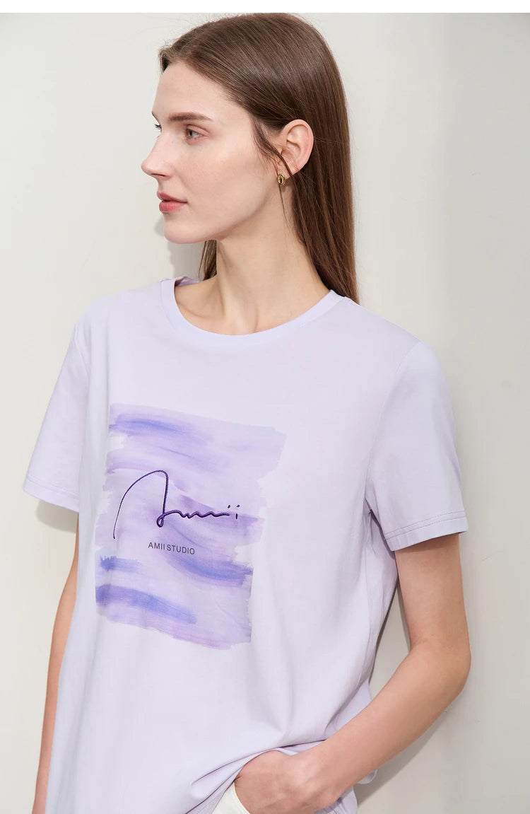 Damen T-Shirts im lässigen Minimalismus-Stil mit O-Ausschnitt und Stickerei