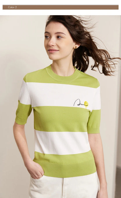 Damen Sommer-T-Shirt im Minimalismus-Stil mit gestreiftem Lächeln-Gesicht