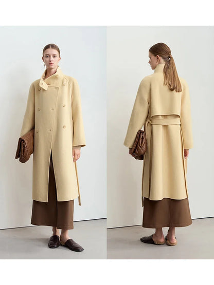 Damen Tweed Mantel im Winter-Look mit Stehkragen und Gürtel