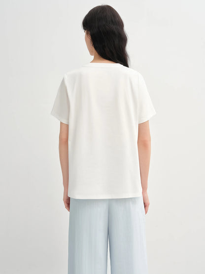 Damen T-Shirt mit V- und U-Ausschnitt, hoher Stretch und strukturierten Schultern – elastische Baumwolle im Y2K-Stil für den Sommer.