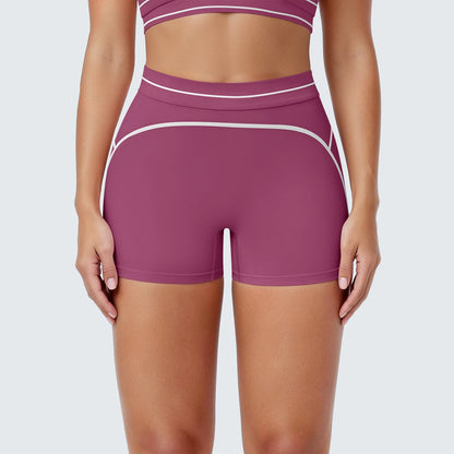 Lila-rosa Damen Yoga-Shorts mit breitem Bund und weißen Zierlinien